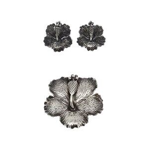 Ming's Sterling Silver Hibiscus Flower Pin and Clip-On Earrings Set #22842